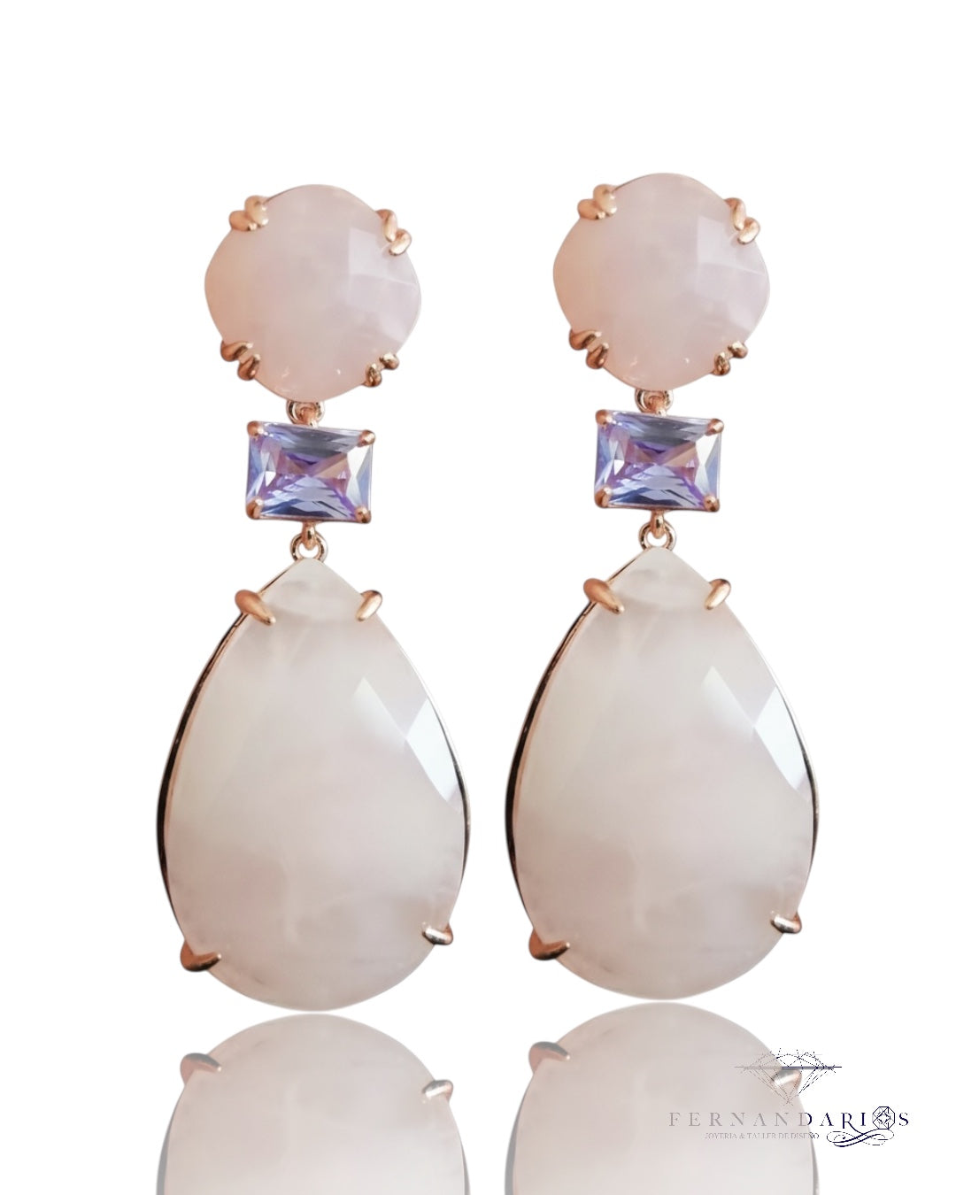 Pendiente cuarzo rosa plata 925  con baño de oro 18k