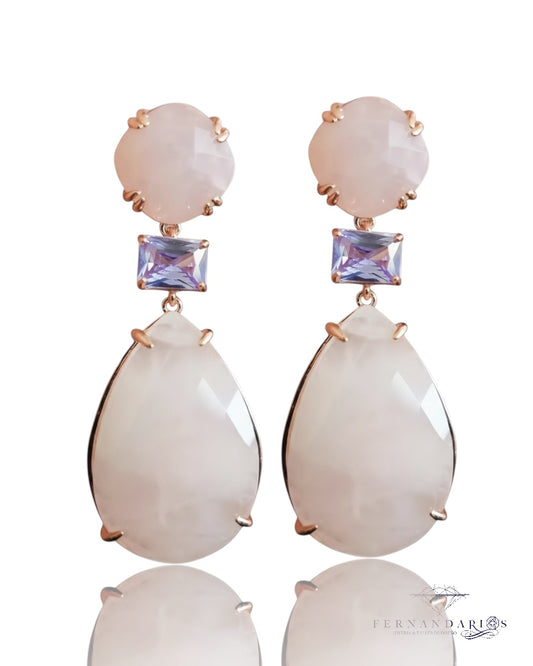 Pendiente cuarzo rosa plata 925  con baño de oro 18k