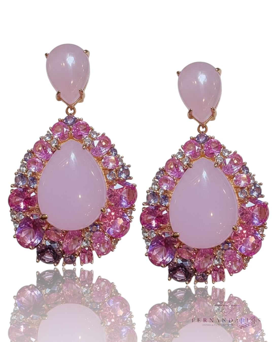 Pendientes rosetón en cuarzo. Rosa y topacios