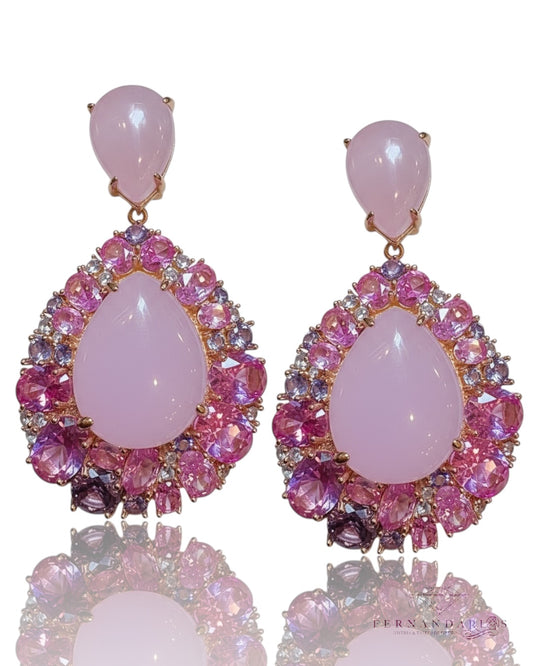Pendientes rosetón en cuarzo. Rosa y topacios