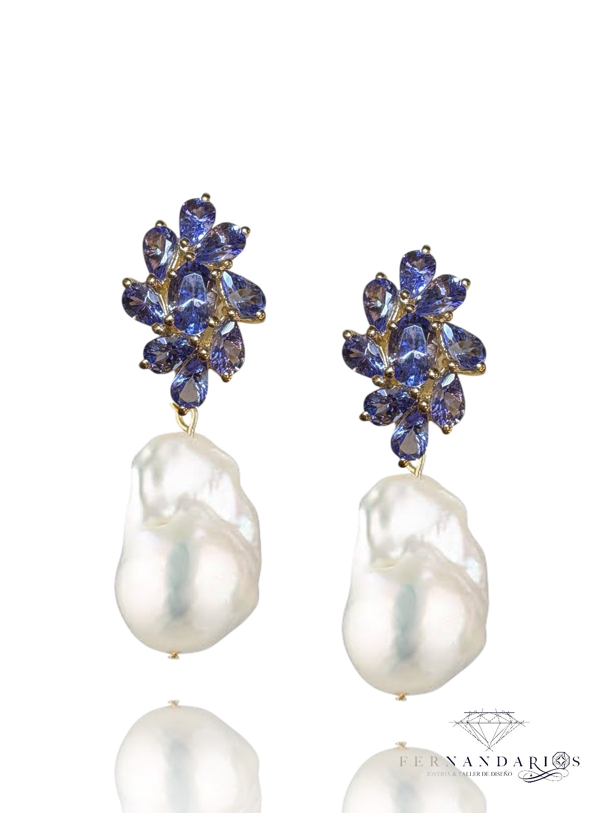 Pendientes tanzanita en plata 925 con vermeil  de oro 18k y perlas barrocas