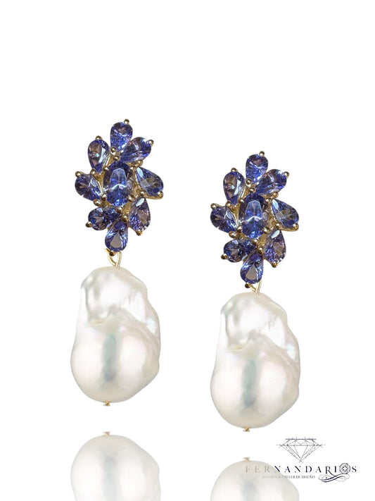 Pendientes tanzanita en plata 925 con vermeil  de oro 18k y perlas barrocas