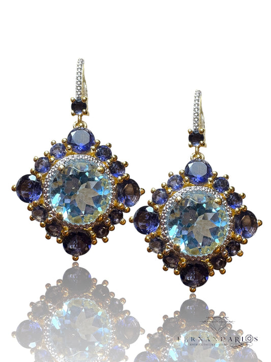 Pendientes en aguamarina y zafiros en plata 925 con vermeil de oro 18k