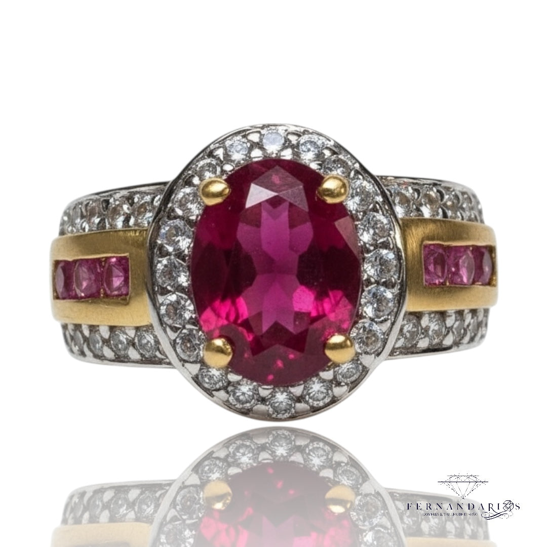 Anillo Ruby y diamantes en plata con vermeil 18k